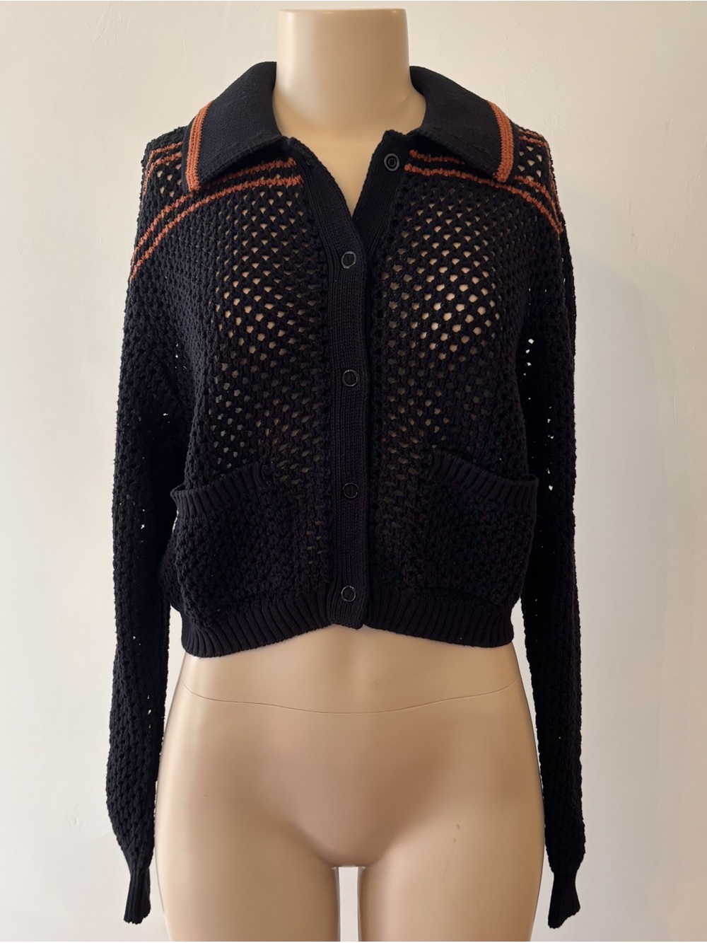 Re/Done Crochet Polo Button Front Cardigan Black Sz Small